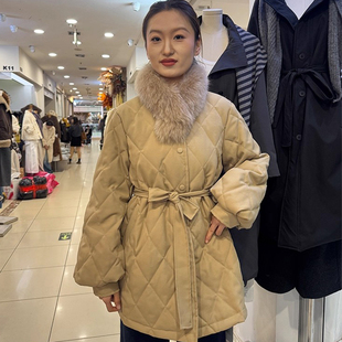 独秀韩式狐狸毛领羽绒服女中长款菱格收腰90白鸭绒冬季外套98261