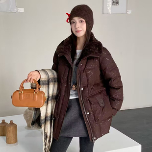 卓依缘中长款羽绒服女毛领保暖休闲外套时尚棕色秋冬季新款白鸭绒