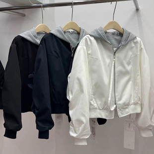 2026春秋韩版 休闲风连帽假两件短外套女双拉链百搭棒球服夹克依诺