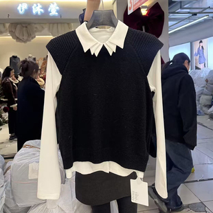 欧洲站3101学院风翻领针织马甲女冬时尚百搭显瘦叠穿背心马夹上衣
