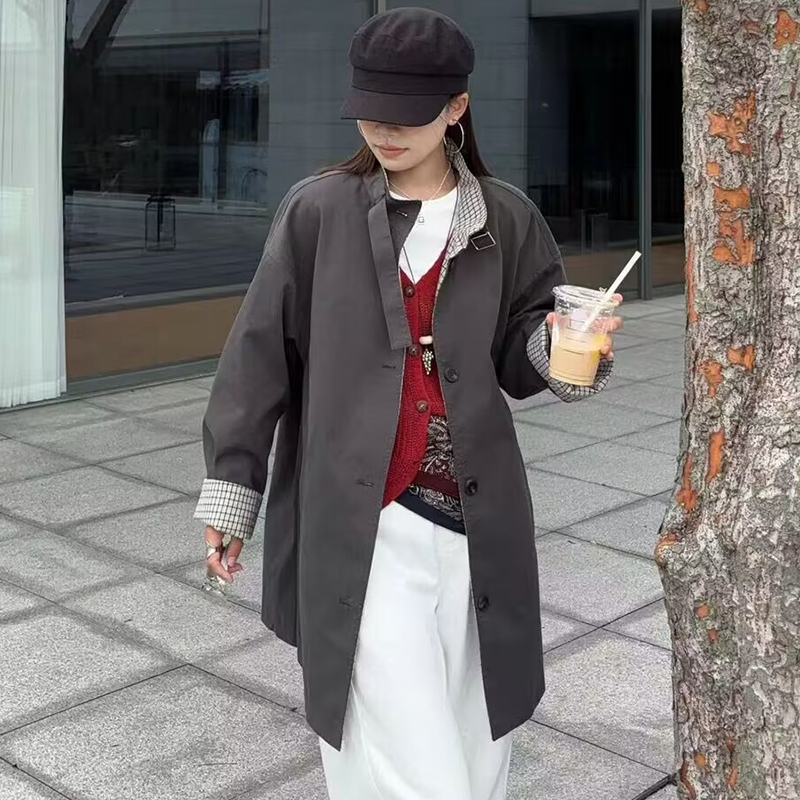 立领拼接格子风衣女伊凡娜25852