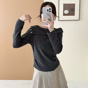 内搭长袖 一字肩时尚 修身 女2025秋季 上衣莫妮 弹力棉条纹T恤打底衫
