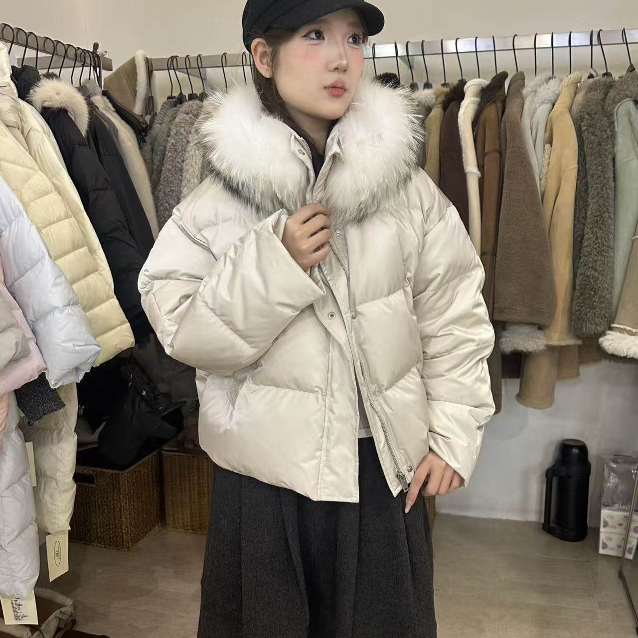 ZD短款90白鸭绒大毛领羽绒服