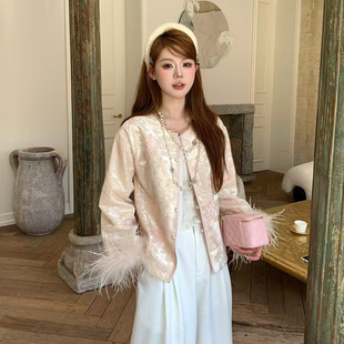 小香风盘扣丝绒短外套女秋刺绣羽毛装饰国风上衣艾丽贝儿88-1603