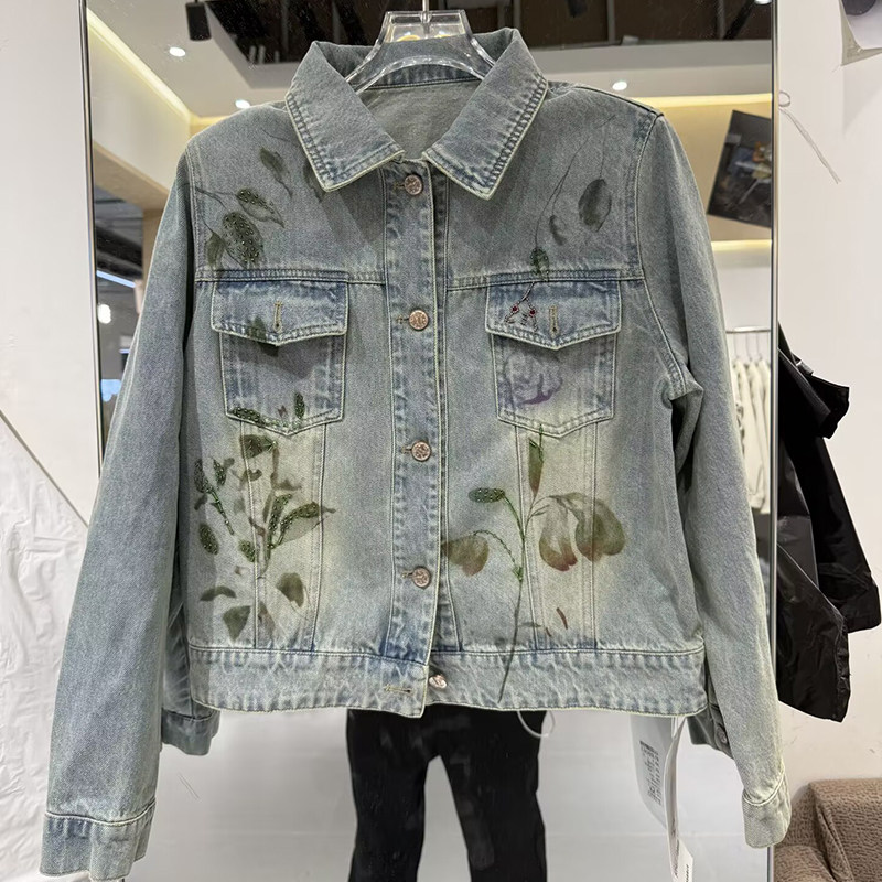 雅琪娜印花翻领花卉短牛仔外套女2026春装新款小个子百搭时尚夹克