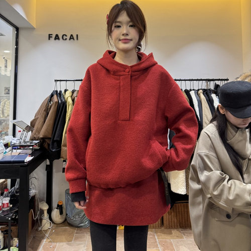 发财韩版毛呢连帽卫衣半身裙套装