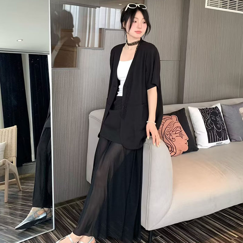 莲依莲2026夏季新款轻熟风黑色西装外套网纱半身裙子两件套女套装