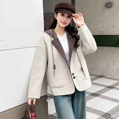 帽双面呢短款羊毛外套女锦华秀逸