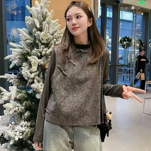醋酸N+原创新中式国风立领斜襟盘扣绣花羊毛呢马甲女短款内搭外套