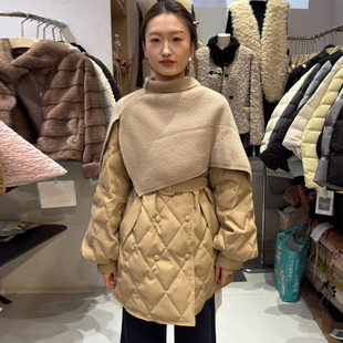 独秀品牌优雅气质菱形格羽绒服女中长款2025冬日新款收腰显瘦外套