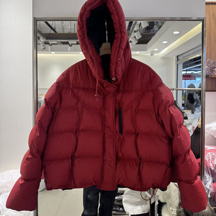 JJY红色连帽羽绒服女2025冬装新款收腰显瘦设计感减龄保暖短外套