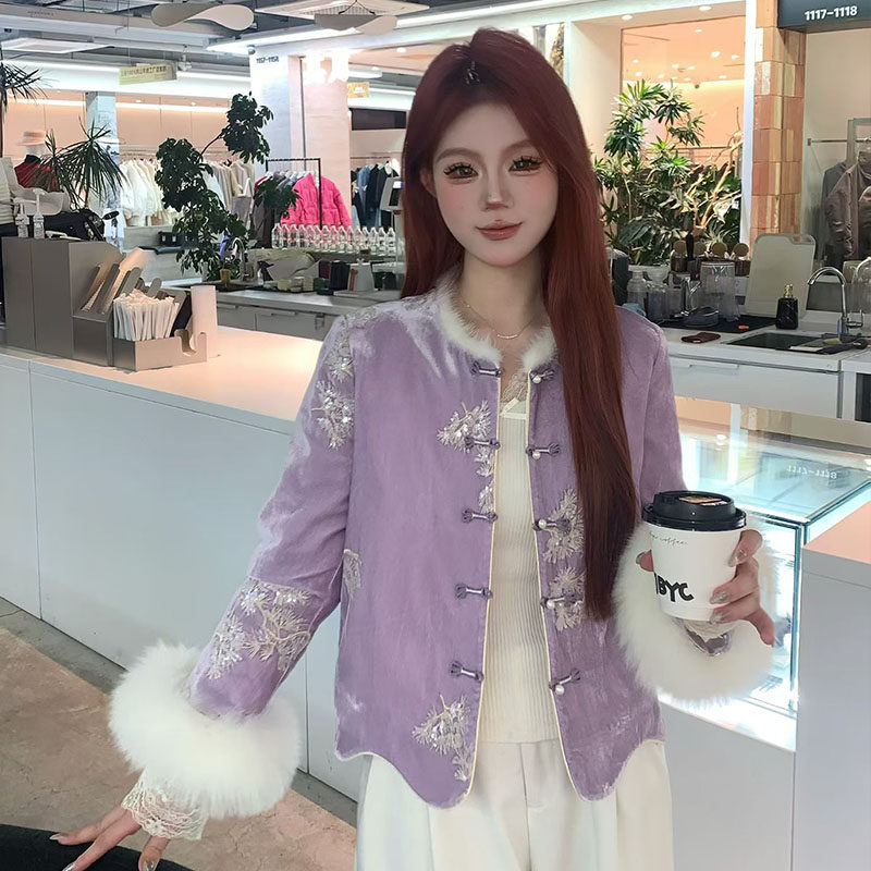 88-1717新中式紫色盘扣刺绣短款羽绒服女冬气质狐狸毛小香风外套,女装/女士精品,羽绒服,淘宝优惠券,粉丝福利购,淘宝优惠卷