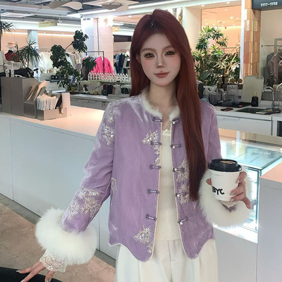 艾丽贝儿中式盘扣刺绣短款羽绒服