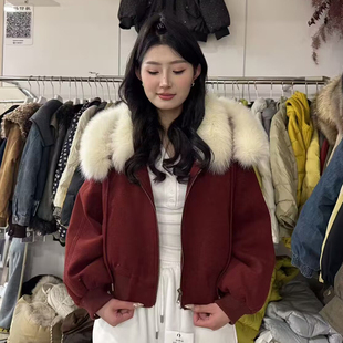 剧漫2025冬狐狸毛领短款连帽羽绒服女冬季小个子休闲外套红色保暖