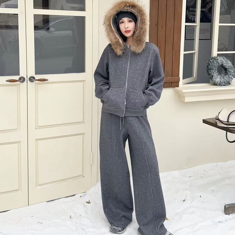 韩版大毛领连帽卫衣套装女2025冬季加绒加厚阔腿裤子两件套休闲,女装/女士精品,时尚套装,淘宝优惠券,粉丝福利购,淘宝优惠卷