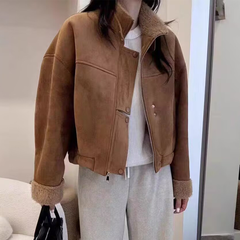 轻奢仿皮毛一体立领短外套女麦琪