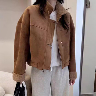 轻奢仿皮毛一体立领短外套女冬季设计感德美拉拉链夹克MQ麦琪8310