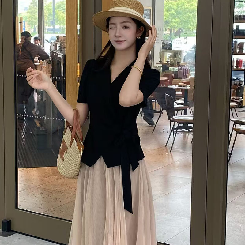 摩登风暴简约系带收腰西装外套网纱裙子两件套女夏季新款气质套装