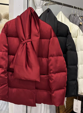 爱裳依韩系围巾醋酸缎面羽绒服女短款加厚保暖面包服2025冬季外套