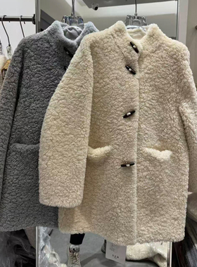 SXM温柔慵懒风羊羔毛外套女秋冬款牛角扣皮毛一体中长款保暖大衣