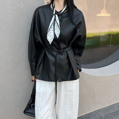 初秋美式复古系带皮衣女奢米丽