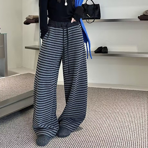 喜大东9633条纹阔腿裤女宽松长裤