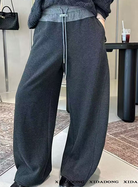 喜大东70153-1高腰抽绳拼色阔腿裤女宽松显瘦百搭休闲长裤弯刀裤