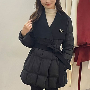 HZY茧型羽绒服女中长款翻领系带收腰白鸭绒气质外套2025新款冬装