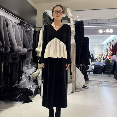 非凡2620法式V领亮片拼接连衣裙