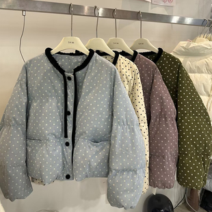 品牌系带蝴蝶结波点短款羽绒服女冬季新款圆领宽松保暖面包服外套