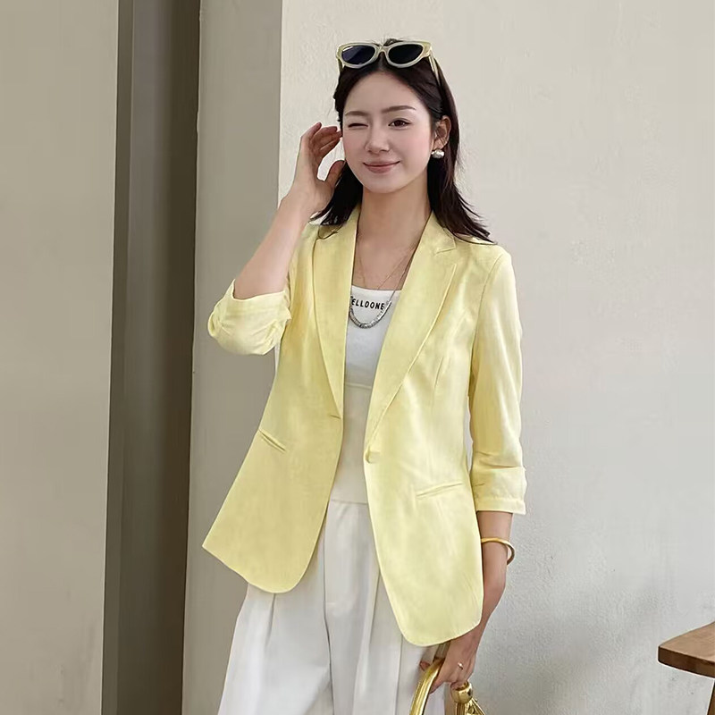 卓依缘2026设计感小西装女七分袖休闲一粒扣修身麻料薄款西服外套