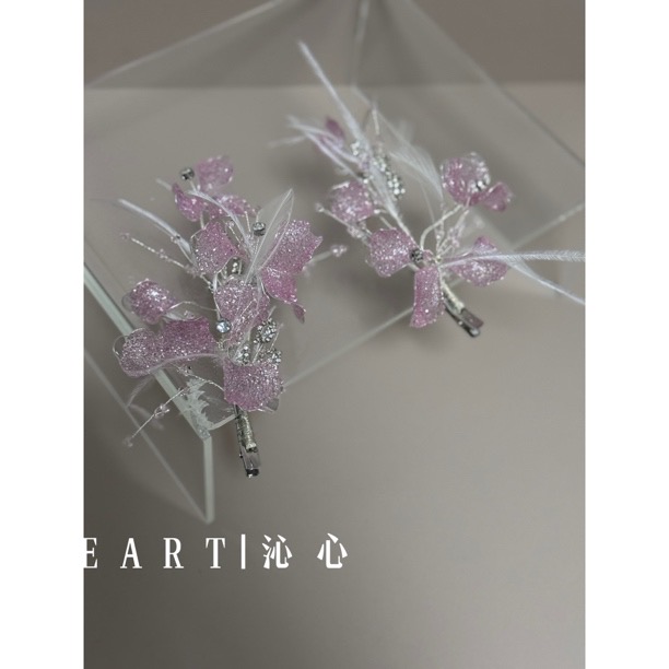 TM｜手作花瓣粉色羽毛水凝胶对夹
