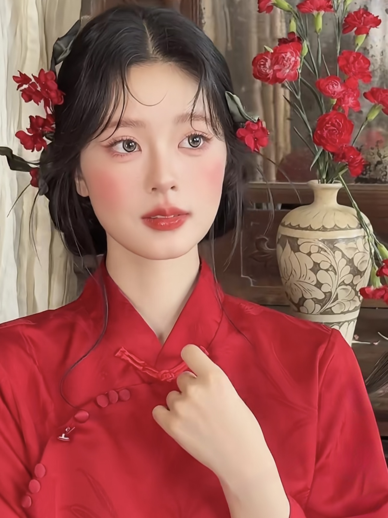 TM|QH5我红色新中式花朵仿真花新娘敬酒服搭配红色礼服