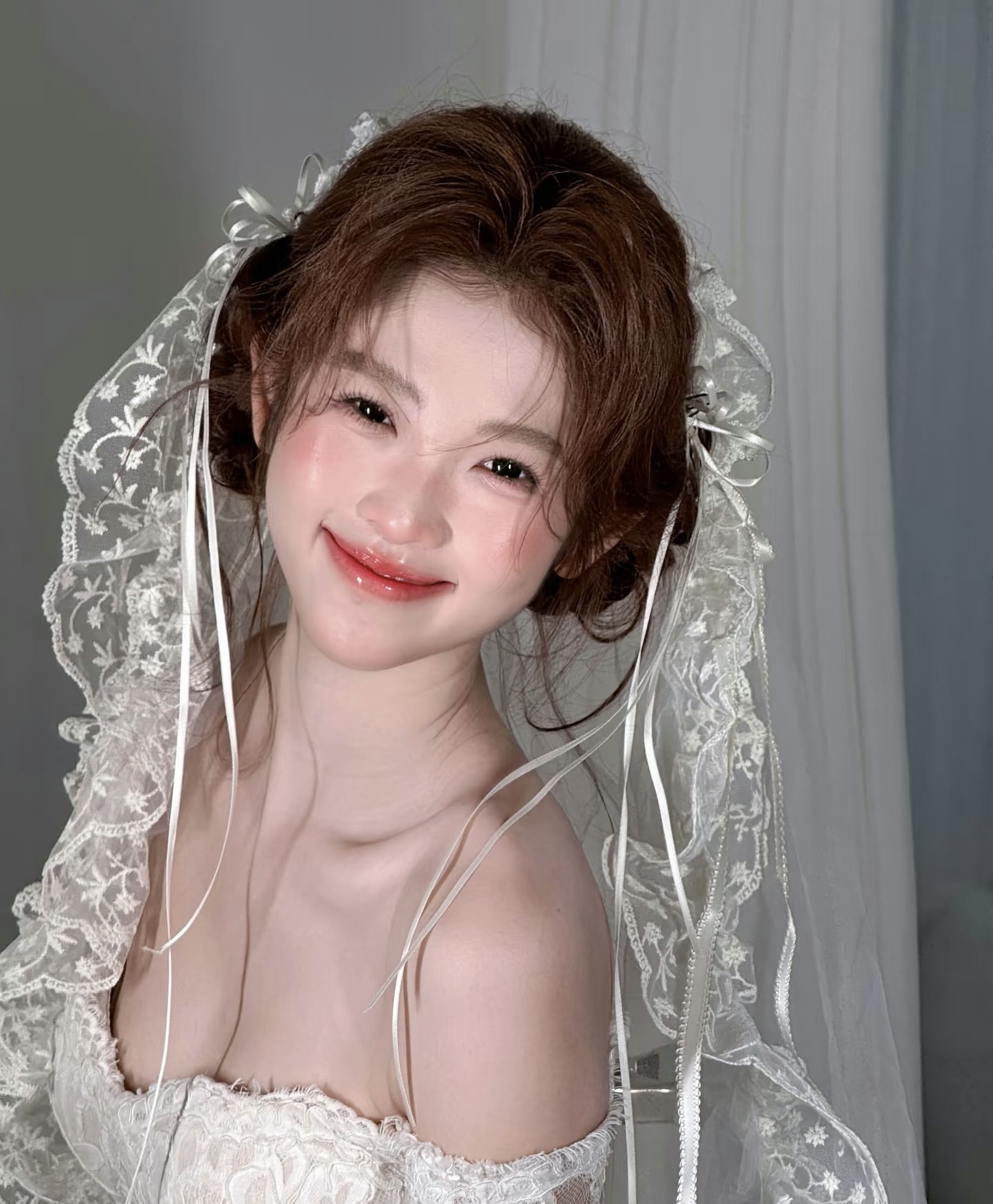 TM｜TS1蕾丝奶油花边手作新娘长头纱蝴蝶结结婚婚纱搭配