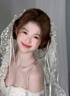 TM｜TS1蕾丝奶油花边手作新娘长头纱蝴蝶结结婚婚纱搭配