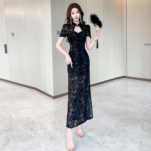 新中式 夜场连衣裙沐足SPA技师工服 改良旗袍性感开叉长裙气质修身