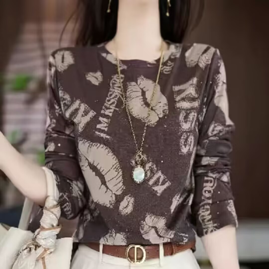 时尚印花圆领长袖T恤2025春新款