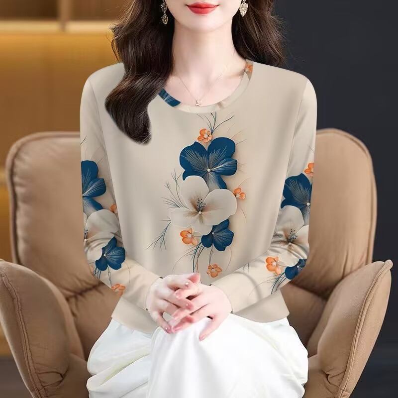 春秋新款妈妈装长袖圆领打底衫