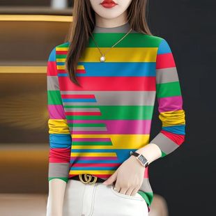 断码2025秋冬新款T恤打底衫上衣时尚条纹遮肚外穿女士半高领长袖