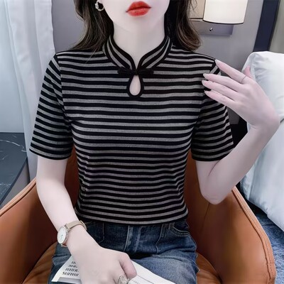改良旗袍领条纹显瘦短袖T恤女