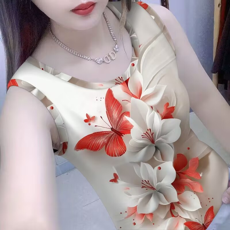 撞色背心女装2025印花新款夏季修身外穿显瘦无袖上衣吊带打底