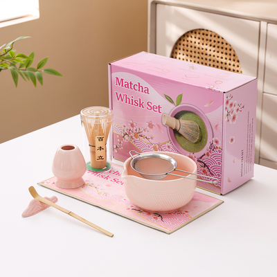 粉色陶瓷抹茶茶具套装含茶筅