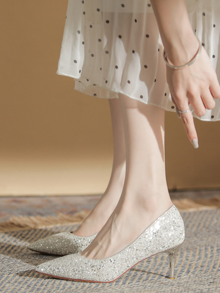 FRENCH STYLE NOT TIRED FEET BRIDESMAID HIGH HEELS WOMENS 2023 NEW HE XIU WEDDING SHOES TWO WEAR STILETTO HEELS BANQUET SEQUIN SINGLE SHOES