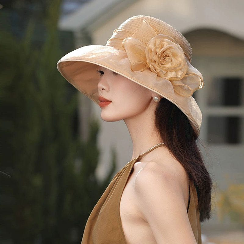 2025新款法式防晒帽子女夏天遮阳帽复古花朵渔夫帽太阳帽