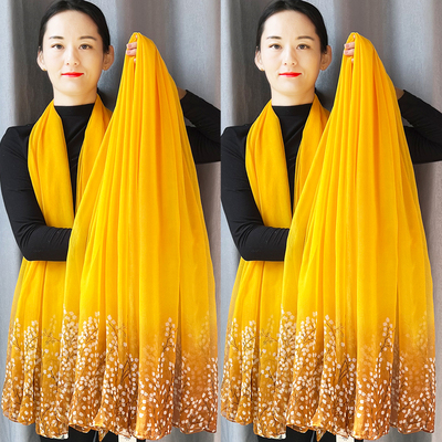 高档长款黄色丝巾女士时尚高档沙滩纱巾秋冬百搭披肩洋气妈妈围巾