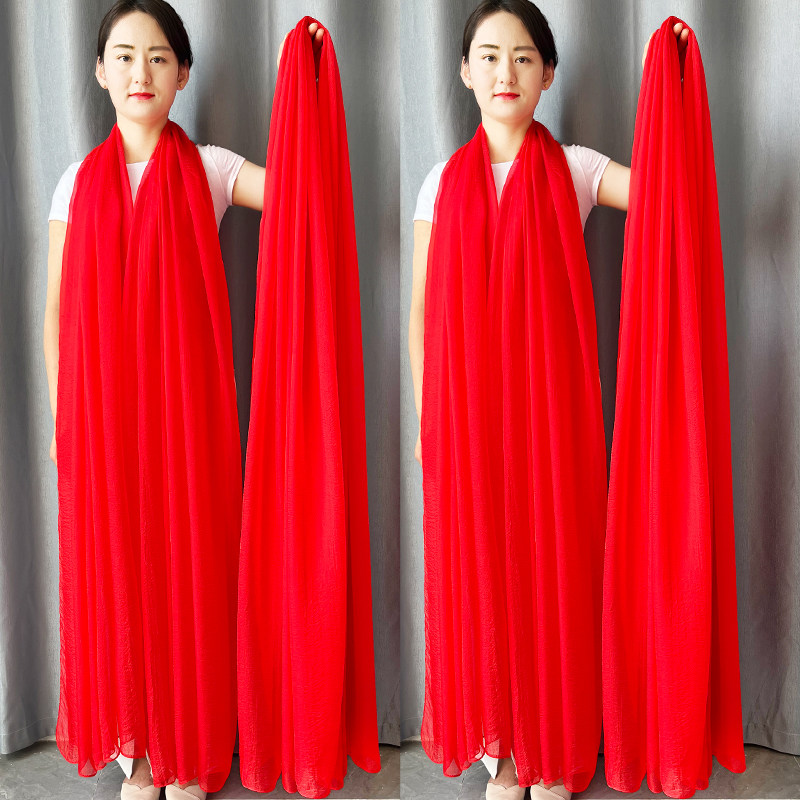 女士红色丝巾春秋季围巾女红沙巾广场舞蹈纱巾长款披肩防晒沙滩巾