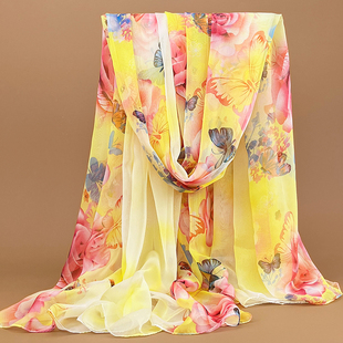 2024新款春秋长款黄色丝巾女百搭洋气纱巾女印花沙滩巾薄围巾披肩