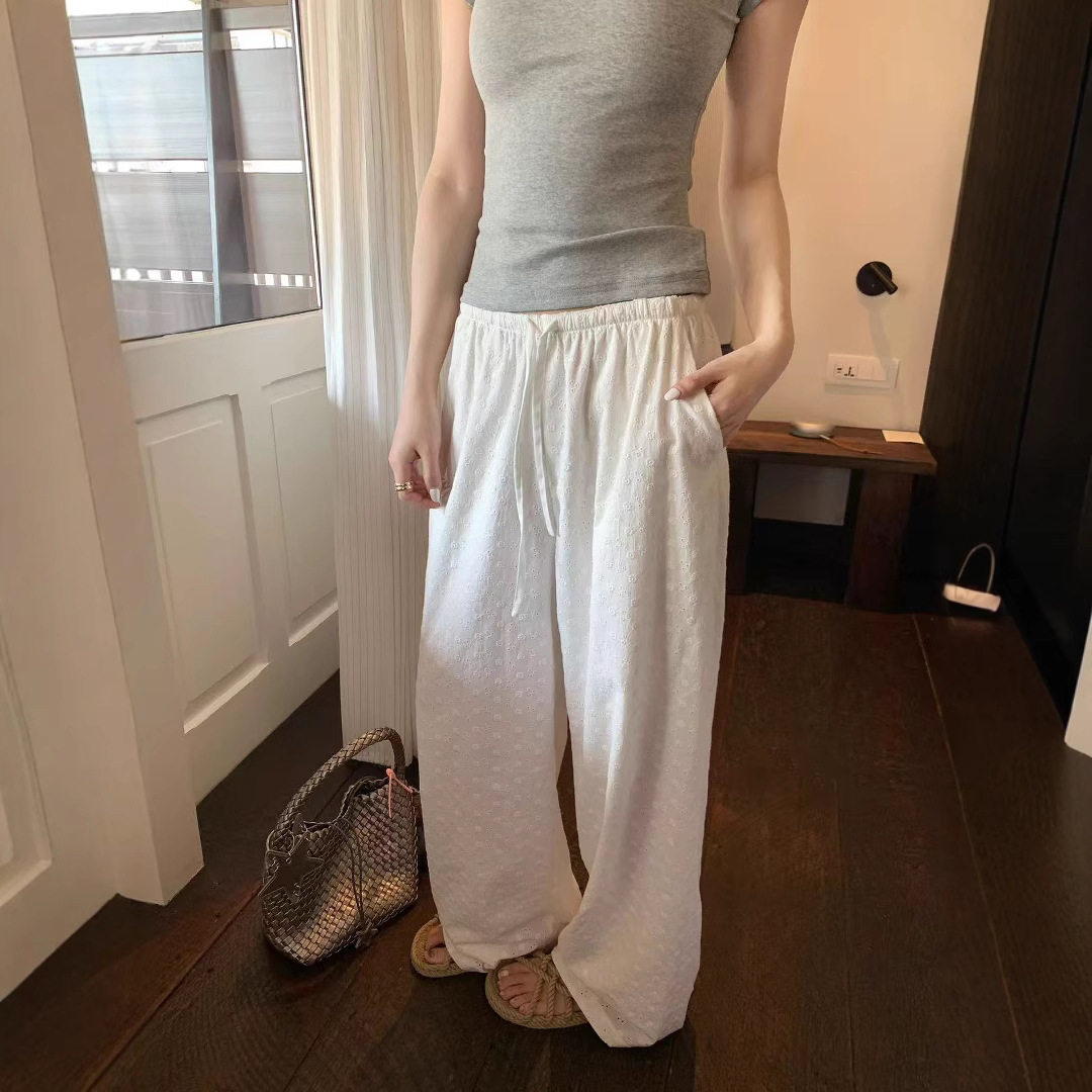 白色重工刺绣雏菊花花阔腿裤女夏季抽绳休闲直筒裤宽松慵懒风长裤