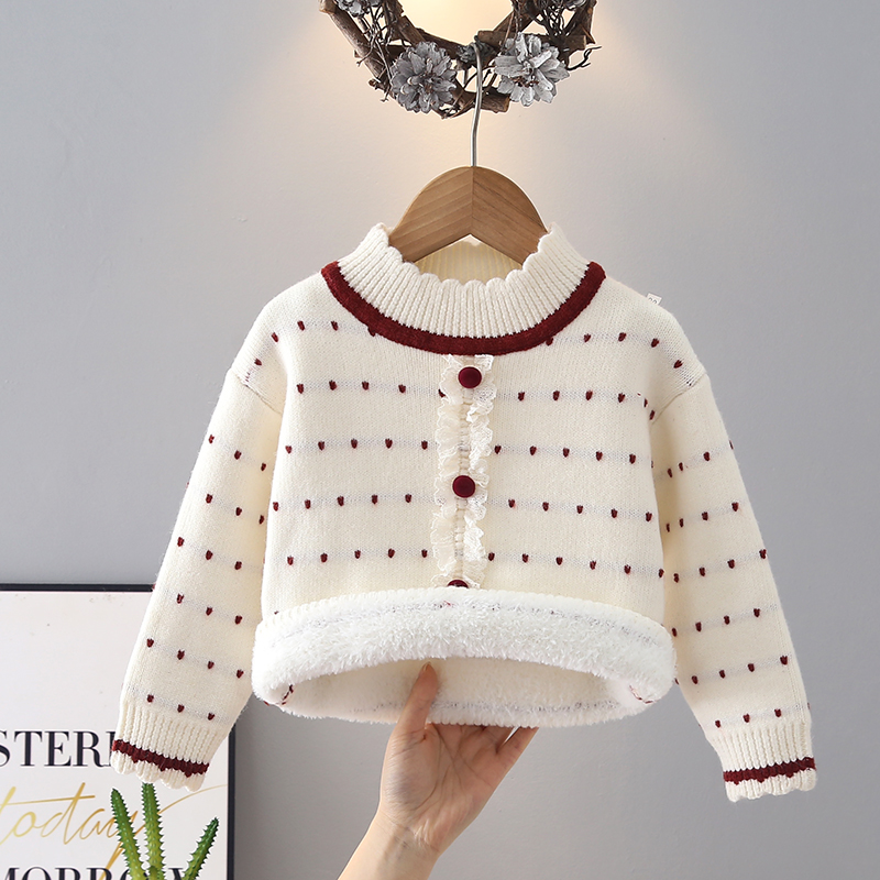 女童圆领一体绒毛衣儿童秋冬季加绒套头针织衫宝宝加厚保暖打底衫