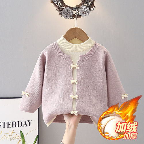女童秋冬装2025新款女宝宝洋气假两件毛线上衣加绒加厚保暖上衣潮